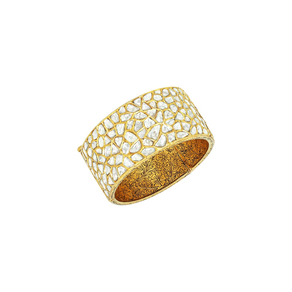 Raw Polki Cluster Bangle with Floral Etched Inner Band